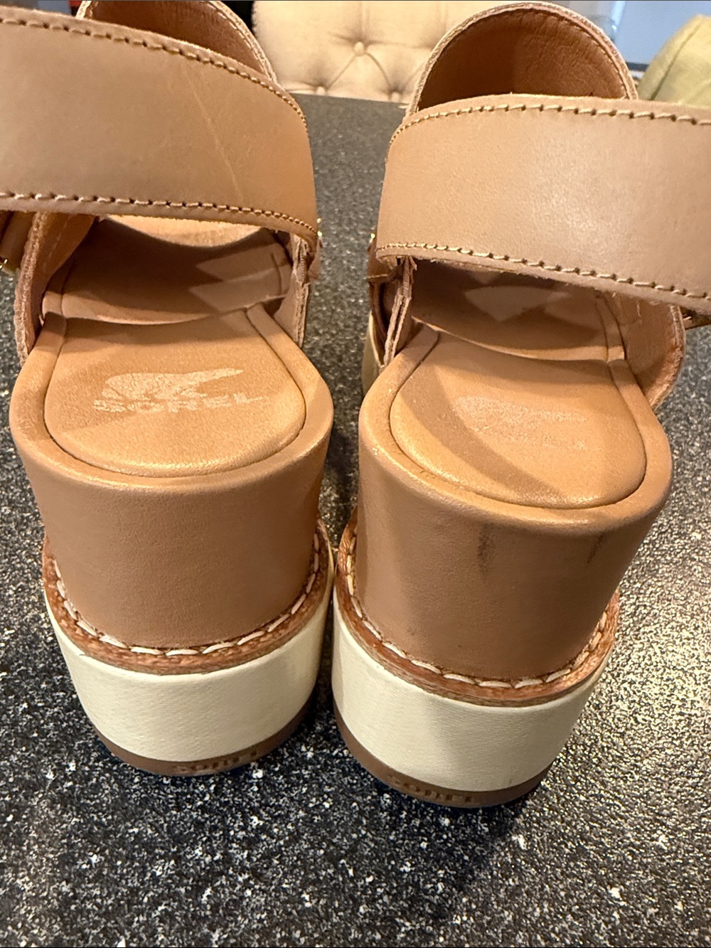 Women’s Like New Sorel Joanie Tan Leather Double-Strap Slingback Wedges - size 7 - Picture 6 of 8